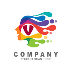 Face logo with letter V and people head logo, human face illustration,water drop. fast and speed