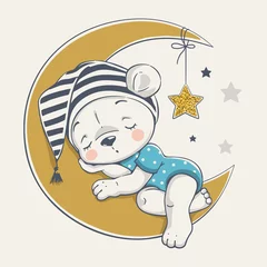 Fototapete Niedliche Tiere Vektorillustration eines netten Babybären, der auf dem Mond schläft.