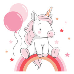 Vector illustration of a cute unicorn,  sitting on the rainbow in pink colors.