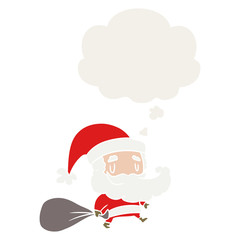 cartoon santa claus with sack and thought bubble in retro style