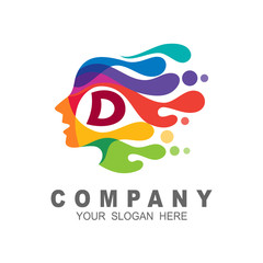 Face logo with letter D and people head logo, human face illustration,water drop. fast and speed