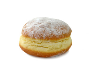 German doughnut berliner with icing sugar isolated on white. Donuts(Sufganiyah) isolated on white background one fresh baked with powered sugar. fresh dough-nut with jam. Serbian krofna