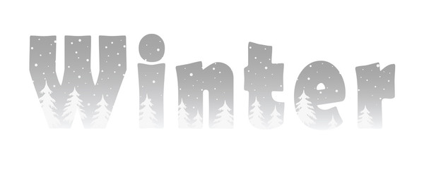Winter text with white fir trees on a gray background. Vector illustration