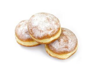 German doughnut berliner with icing sugar isolated on white. Donuts(Sufganiyah) isolated on white background one fresh baked with powered sugar. fresh dough-nut with jam. Serbian krofna