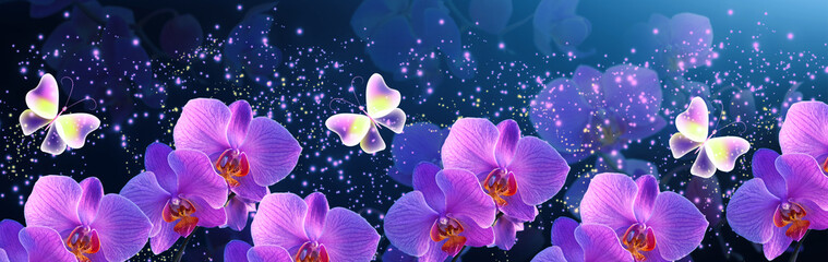 Glowing fantasy banner with magic butterflies with mysterious neon orchids and sparkle stars for flowers storefront design or florist shop decor