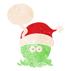 cartoon octopus wearing christmas hat and speech bubble in retro textured style
