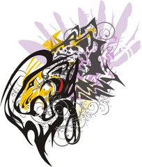 Splattered twirled lion head symbol. The aggressive lion's head against the background of eagle feathers with the head of a leopard inside and floral elements
