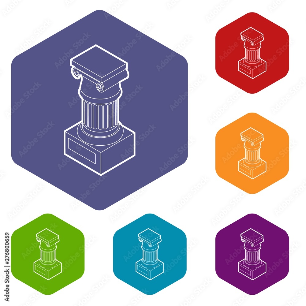 Poster ancient ionic pillar icons vector colorful hexahedron set collection isolated on white