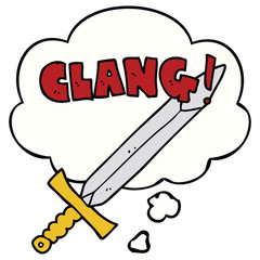 cartoon clanging sword and thought bubble