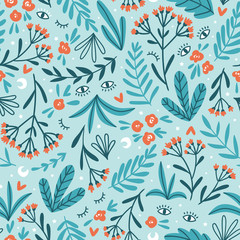 Moon herbs. Vector floral seamless pattern. Cute night design for fabric, wallpaper or wrap paper.