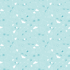 Seamless childish pattern with cute clouds, stars and sleeping eyes . Scandinavian style kids texture for fabric, wrapping and wallpaper. Cute vector illustration.