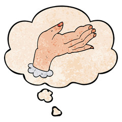 cartoon hand and thought bubble in grunge texture pattern style