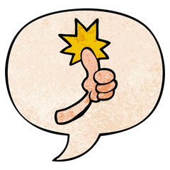 cartoon thumbs up sign and speech bubble in retro texture style