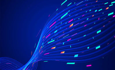 Abstract lines background with colorful particles. Dynamic motion sound waves. Digital geometric wallpaper design. Backdrop for website, presentation, poster, flyer. Vector illustration