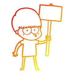 warm gradient line drawing nervous cartoon boy holding placard