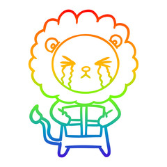 rainbow gradient line drawing cartoon crying lion with gift