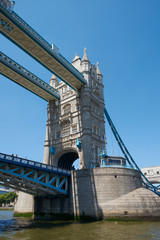 Tower Bridge above River Thames on sunny day. Historical and iconic landmark of London city