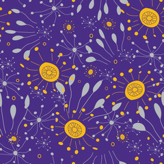 A bright burst of colors with doodle style flowers and plants. Perfect for fabric, wallpaper, scrapbooking and backgrounds. Vector image