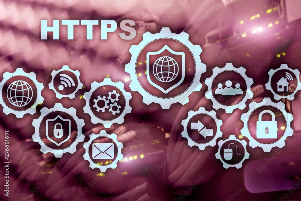 Poster https. hypertext transport protocol secure. technology concept on server room background. virtual ic