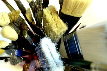  Many different brushes for painting.