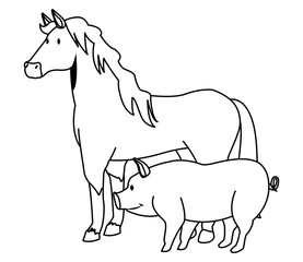 farm, animals and farmer cartoon in black and white