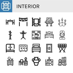 Set of interior icons such as Candle holder, Dinning table, Gate, Heated towel rail, Drawing table, Chandelier, Coat rack, Locker, Bed, Gothic, Wardrobe, Door, Curtain , interior