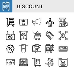 Fototapeta na wymiar Set of discount icons such as Cart, Trolley, Shopping cart, Promotion, Discount, Shop, Banner, Ecommerce, Tag, Pound, Online shopping, Loyalty card, Ribbon , discount