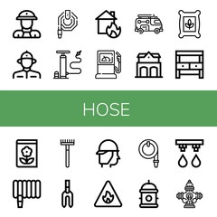 Set of hose icons such as Fireman, Firefighter, Water hose, Air pump, House on fire, Fuel station, Fire truck, Fire station, Seeds, Potting bench, Gardening, Rake, Weeder , hose