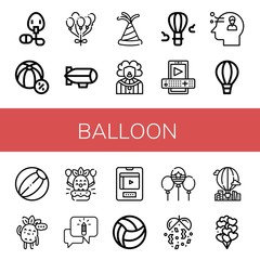 Set of balloon icons such as Oxygen mask, Beach ball, Balloon, Zeppelin, Party hat, Clown, Hot air balloon, Entertainment, Thinking, Birthday, Chatting, Confetti, Balloons ,