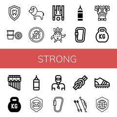 Set of strong icons such as Shield, Coffee capsule, Lion, Antivirus, Inversion therapy, Strong, Punching bag, Carabiner, Armor, Kettlebell, Zampona, Trainer, Knot, Archer , strong