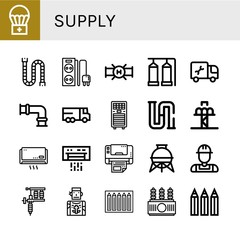 Set of supply icons such as Airdrop, Pipe, Power strip, Storage tank, Plumber, Lorry, Air conditioner, Piping, Drop tower, Multifunction printer, Tattoo machine, Tattoo artist , supply