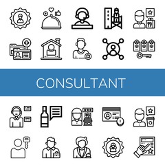 Set of consultant icons such as User, Account, Review, Receptionist, Remove friend, Supervisor, Operator, Salesman, Evaluation , consultant