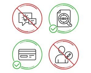 Do or Stop. Idea lamp, Seo file and Credit card icons simple set. Edit user sign. Business energy, Search document, Card payment. Profile data. Technology set. Line idea lamp do icon. Vector