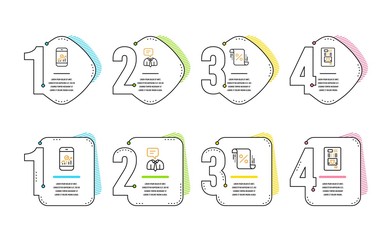 Loan percent, Smartphone statistics and Support service icons simple set. Coffee vending sign. Discount blueprint, Mobile business, Human talking. Coffee vending machine. Technology set. Vector