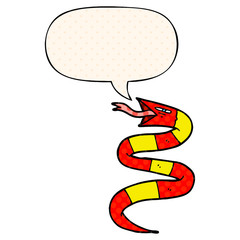 hissing cartoon snake and speech bubble in comic book style