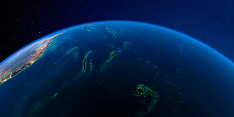Detailed Earth at night. South Pacific. Fiji, New Caledonia, Solomon Islands
