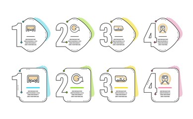 World globe, Bus tour and Parking garage icons simple set. Metro subway sign. Around the world, Transport, Automatic door. Underground. Transportation set. Infographic timeline. Line world globe icon