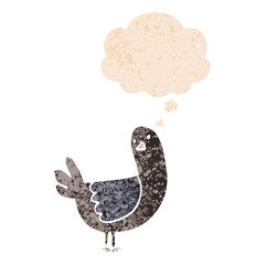 cartoon pigeon and thought bubble in retro textured style