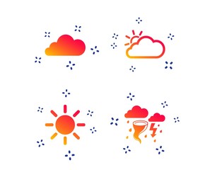 Weather icons. Cloud and sun signs. Storm or thunderstorm with lightning symbol. Gale hurricane. Random dynamic shapes. Gradient weather icon. Vector