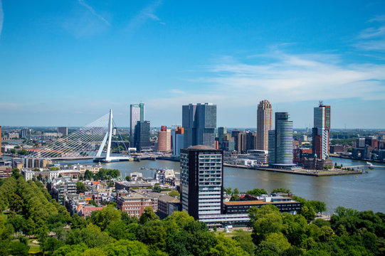 Scenic view of Rotterdam and Erasmus Bridge in the Netherlands as seen from the Euromast observation tower.