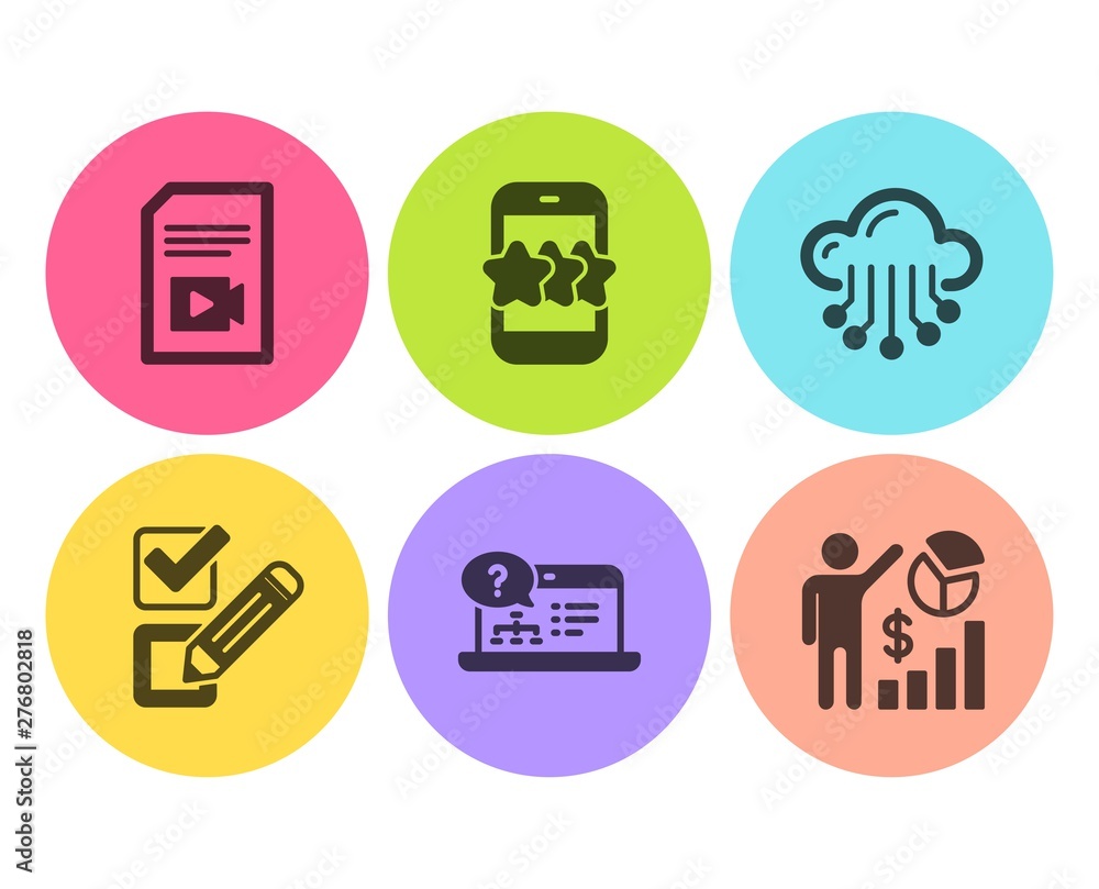Poster online help, checkbox and cloud storage icons simple set. star, video file and seo statistics signs.