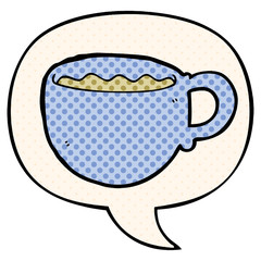 cartoon coffee cup and speech bubble in comic book style