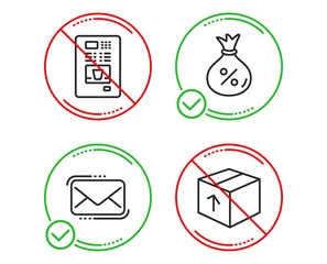 Do or Stop. Loan, Coffee vending and Messenger mail icons simple set. Package sign. Money bag, Coffee vending machine, New e-mail. Delivery pack. Business set. Line loan do icon. Prohibited ban stop