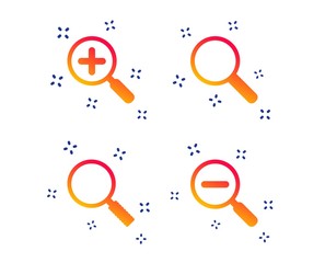 Magnifier glass icons. Plus and minus zoom tool symbols. Search information signs. Random dynamic shapes. Gradient magnifier icon. Vector