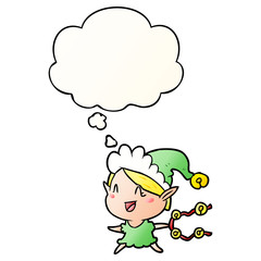 cartoon happy christmas elf and thought bubble in smooth gradient style