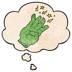 cartoon spooky magic hand and thought bubble in grunge texture pattern style