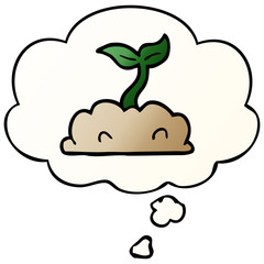 cartoon growing seedling and thought bubble in smooth gradient style