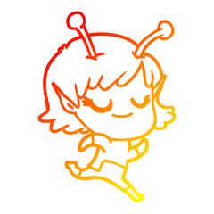 warm gradient line drawing smiling alien girl cartoon running