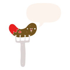 cartoon sausage and fork and speech bubble in retro style