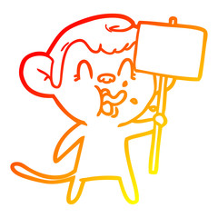 warm gradient line drawing crazy cartoon monkey with sign